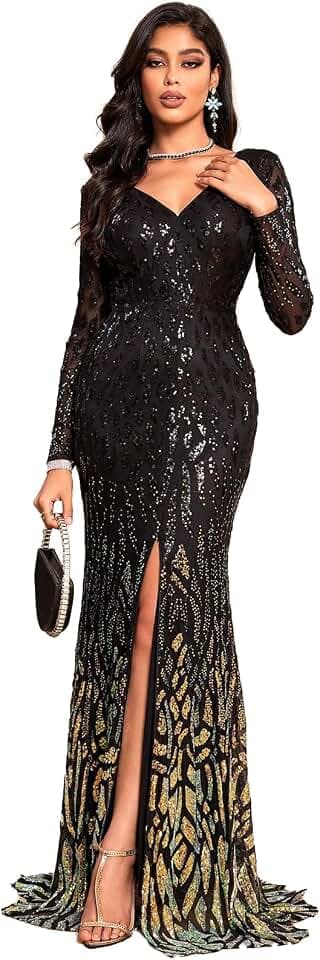 TOLEEN Women's Formal Sequin Bodycon Long Sleeve Prom Dresses Elegant Evening Party Maxi Dresses