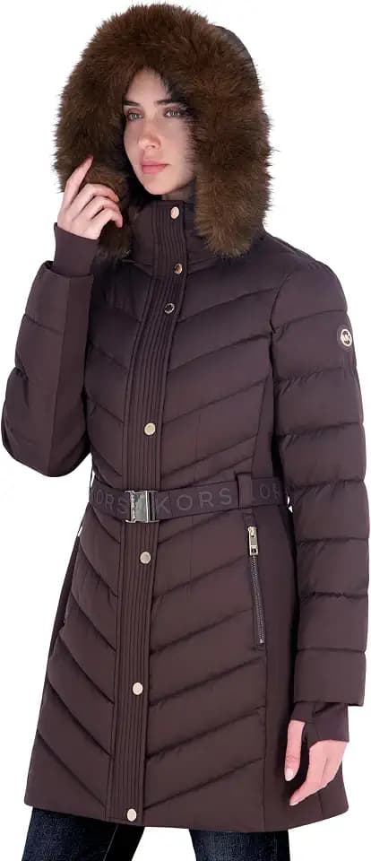 Michael Kors Women's Long Puffer Coat with Belt and Faux Fur Hood