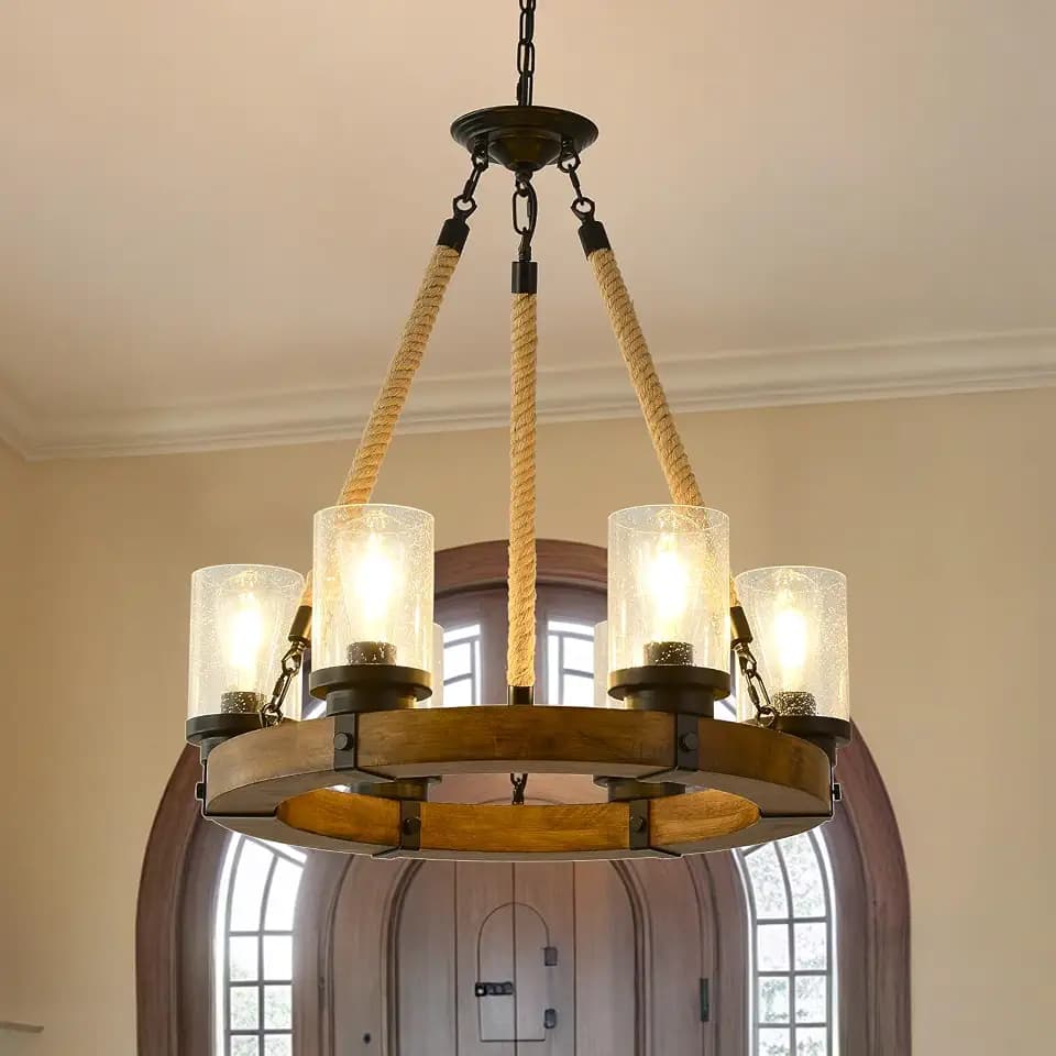 Rustic 6 Light Wagon Wheel Chandelier, Round Wood Pendant Light with Seeded Glass Shade, Farmhouse Chandeliers for Dining Room Kitchen Island Foyer Entryway