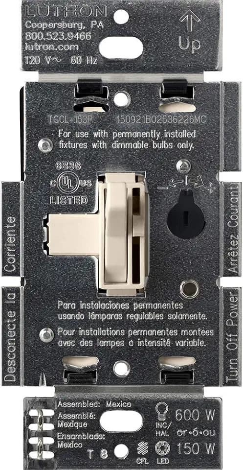 Lutron Toggler LED+ Dimmer Switch for Dimmable LED, Halogen and Incandescent Bulbs, 150 Watt, Single-Pole or 3-Way, TGCL-153PH-LA, Light Almond