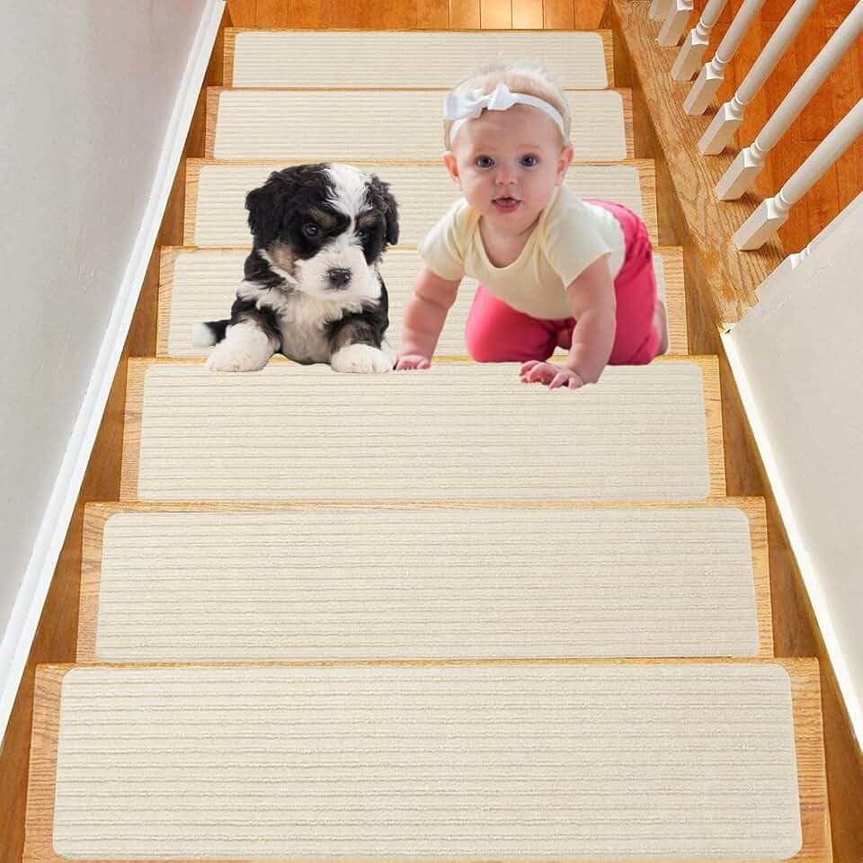 15 Stück Treppenmatten, Treppenteppich Selbstklebend Antirutsch Treppe Stufenmatten Innen, Stufenteppich Treppen Teppich Treppenstufen für Kinder Ältere und Haustiere, 60x20cm (Beige)