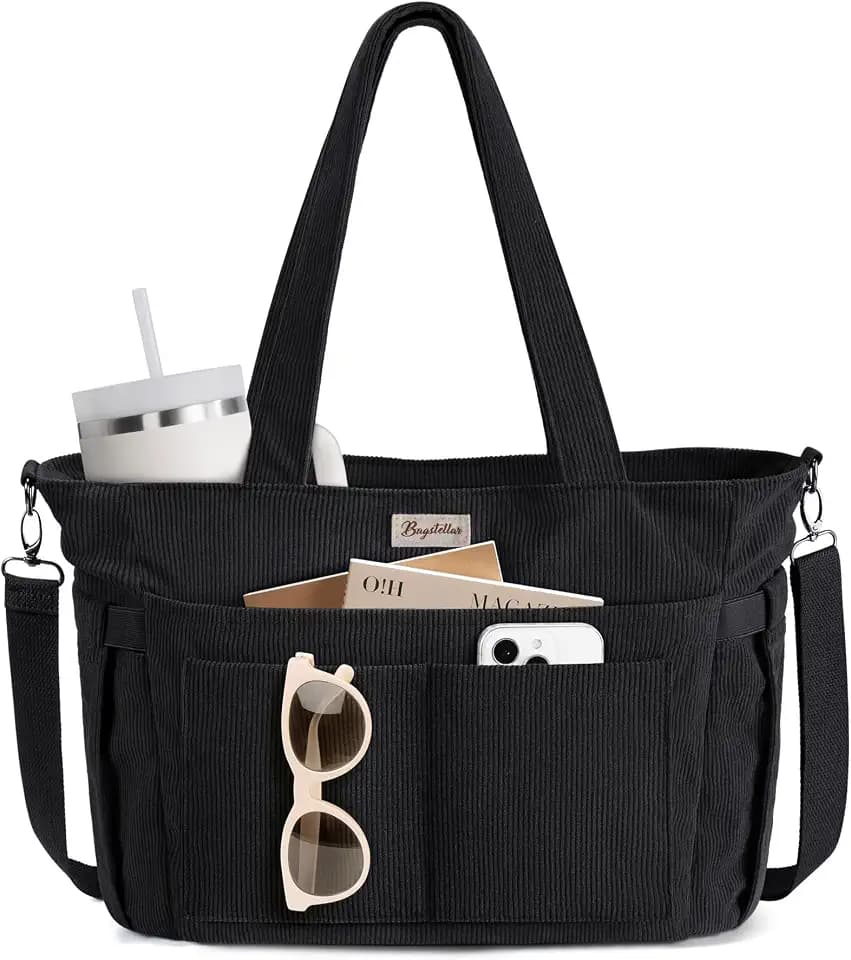 Bagstellar Corduroy Tote Bag for Women, 17 Pockets Laptop Work Tote Purse