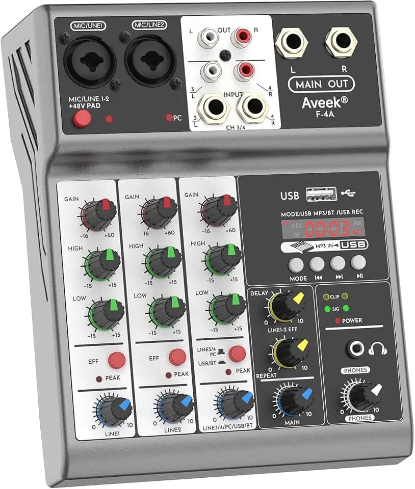 Aveek 4-Kanal Audio Mixer, Mixing Sound Board mit USB Bluetooth Reverb Delay Effekt, 48 V Eingang, Phantomspeisung Stereo DJ Mixer für Aufnahme, Live Streaming