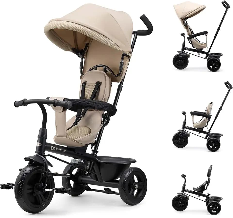 Kinderkraft Freeway 2 Dreirad Kinder mit Schiebegriff, 360° drehbarer Sitz, Freilauf, Schutzbügel, 3-Punkt-Gurt, AIR Comfort System, ab 9 Monaten bis 5 Jahre, Beige