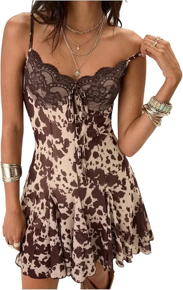 GORGLITTER Women's Polka Dots Mini Dress Cute Y2k Mesh Lace A Line Dresses