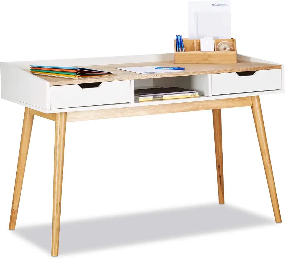 Relaxdays Schreibtisch, skandinavisches Design, 2 Schubladen, weiß-braun