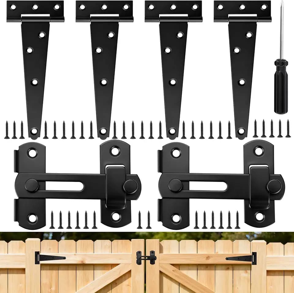 T-Scharniere Schwerlast, 4 Stück 150mm Türscharniere und 2 Türriegel Außen 180° Klappbar mit Schrauben Schraubendreher, Scharniere Klappbar Schwarz für Fenster, Schuppentüren, Gartentüren