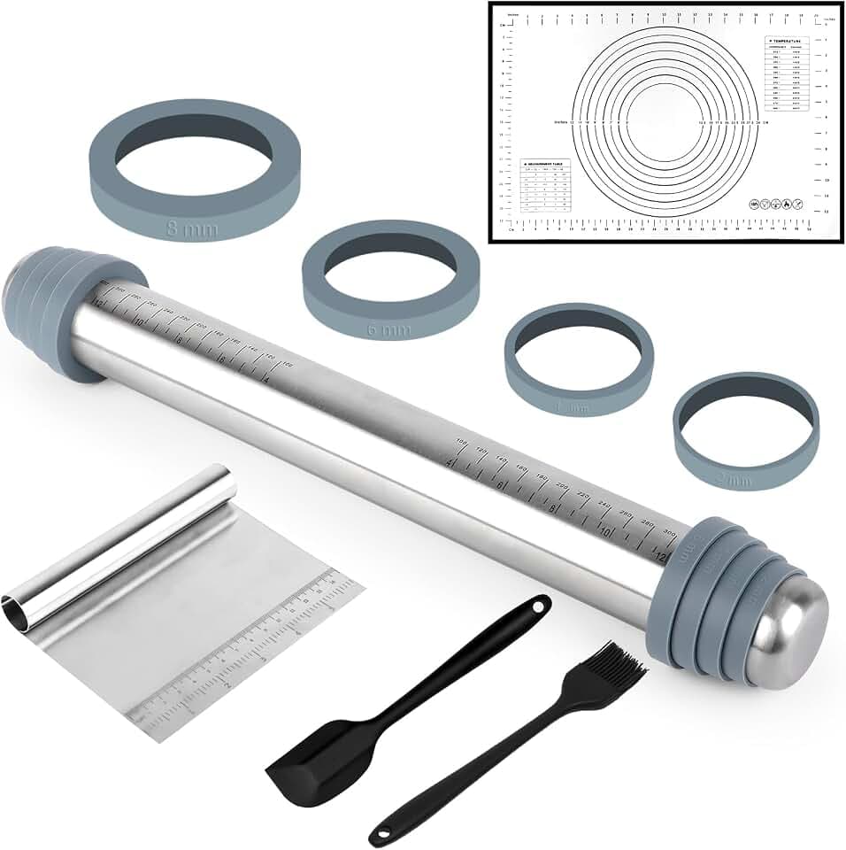 Nudelholz aus Edelstahl mit Backmatte, Antihaft Teigrolle Backzubehör, Einstellbares Edelstahl Teigroller, Backmatte und Teigschaber Ölpinsel, für Pizza, Nudeln, Kuchen