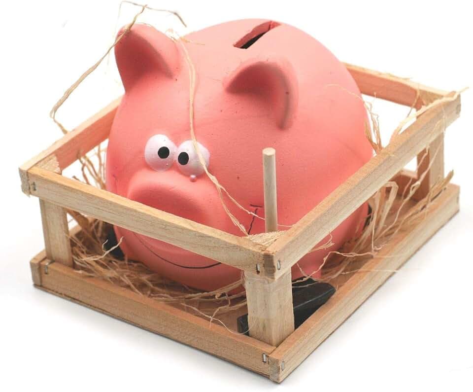 Keramik Spardose im Schweinchen Design ca. 13 cm Sparschwein mit Hammer & Stall