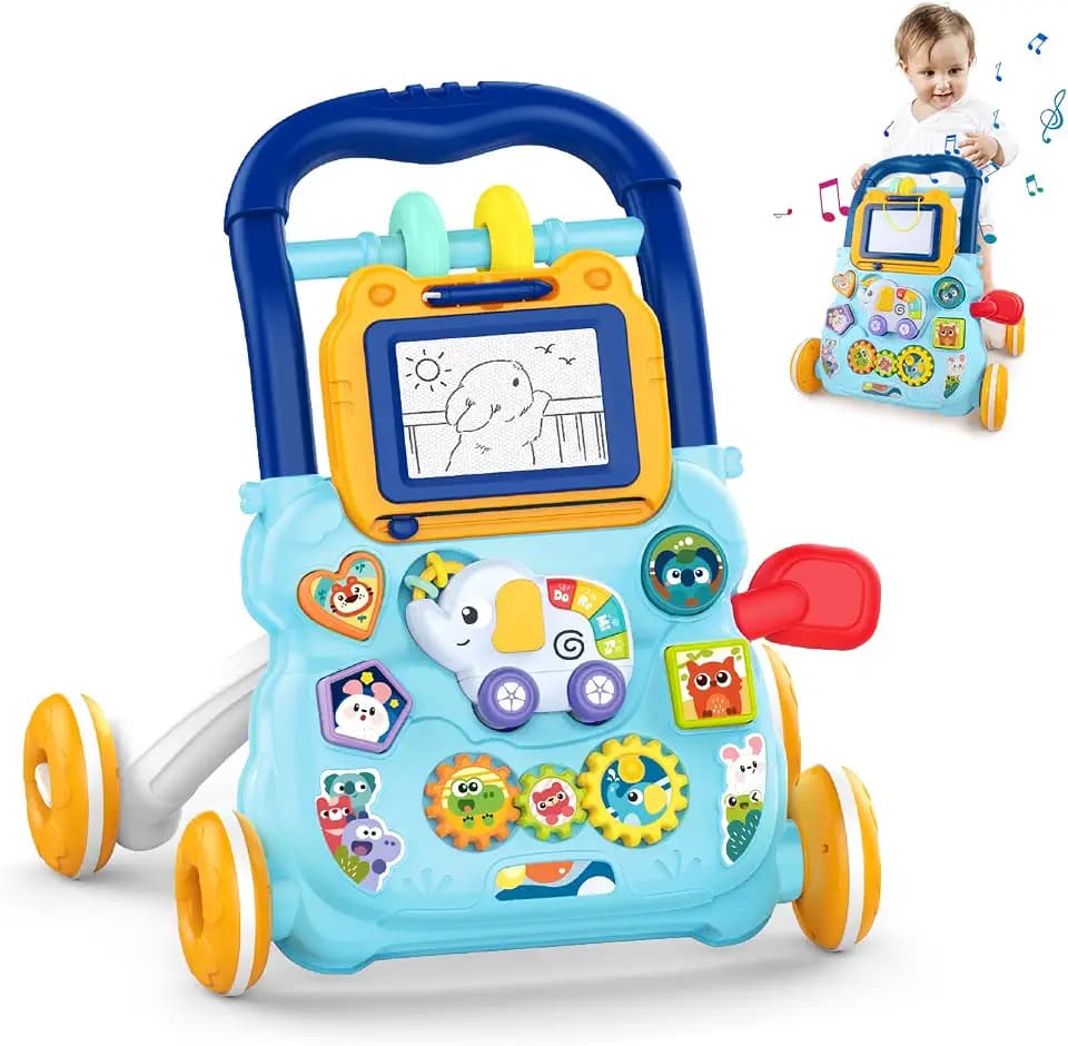 Schiebe und Ziehwagen Spielzeug, 2 In 1 Lauflernhilfe mit Abnehmbares Zeichentafel, Frühpädagogisches Aktivitätszentrum für Mädchen Jungen, Multifunktionale Spieltafel für Kinder 12M+ (Blau)