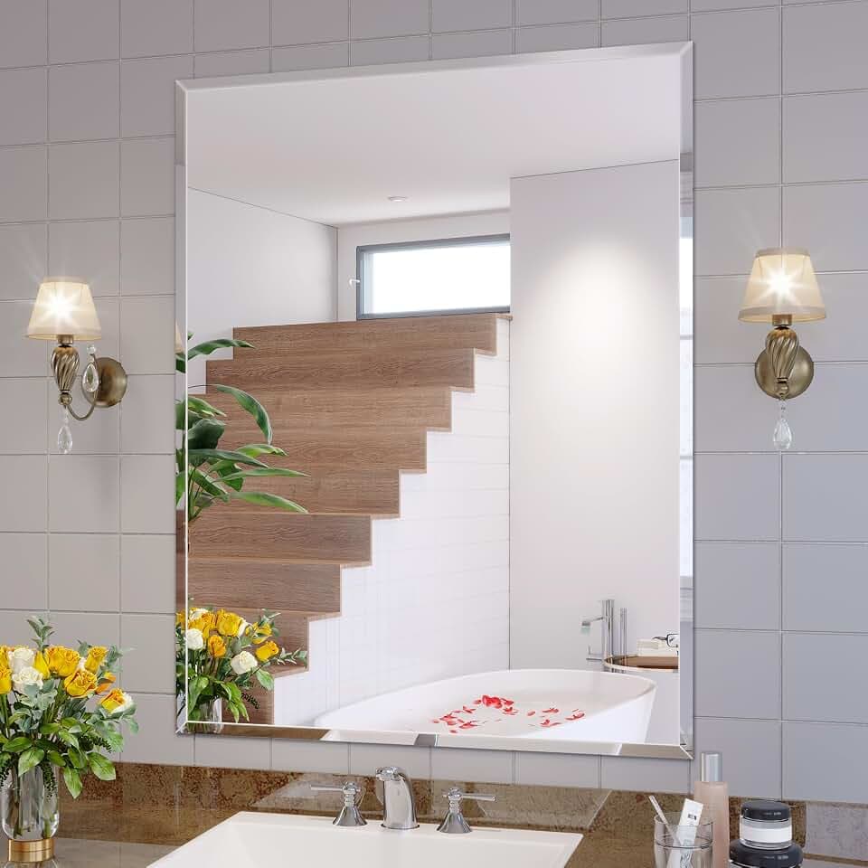 Frameless Bathroom Mirror, 28"x36" Beveled Bathroom Vanity Mirror