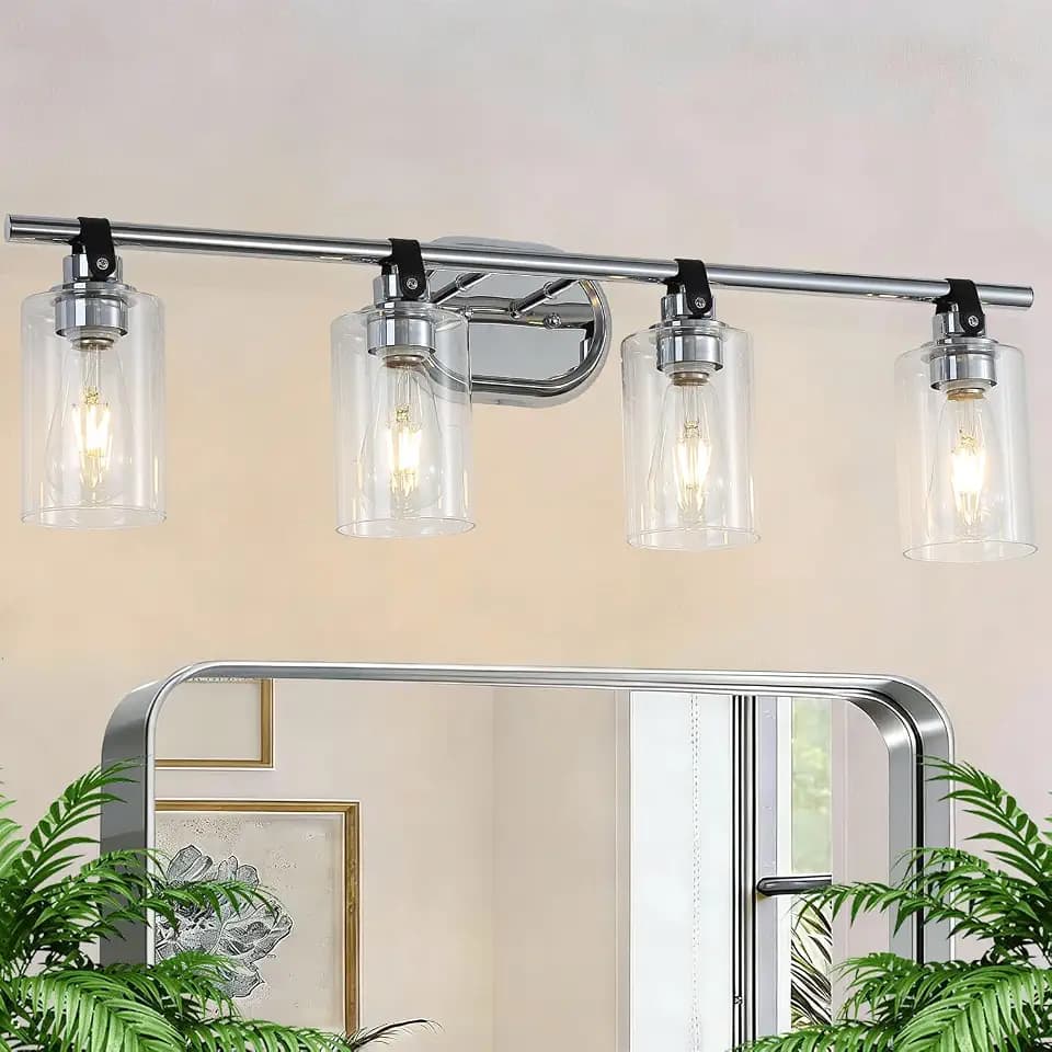 4-Light Bathroom Light Fixtures, Chrome Bathroom Vanity Lights with Clear Glass Shade, Modern Wall Light Sconce for Mirror Farmhouse Rustic Restroom Kitchen Living Room Hallway