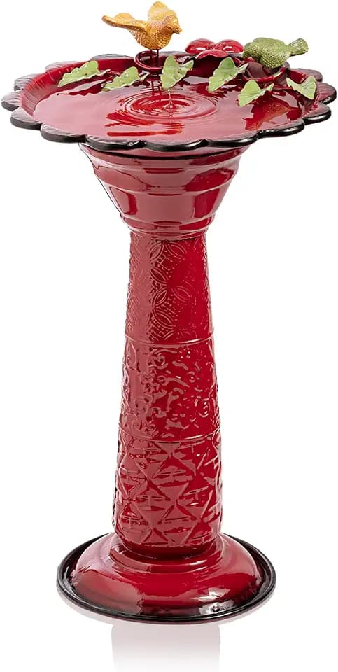 Alpine Corporation - 28" Tall Outdoor Metal Birdbath with Birds and Leaves Yard Statue Decoration, Red – Stunning Garden Accent to Attract Birds - Durable Construction for Patio, Deck, or Yard