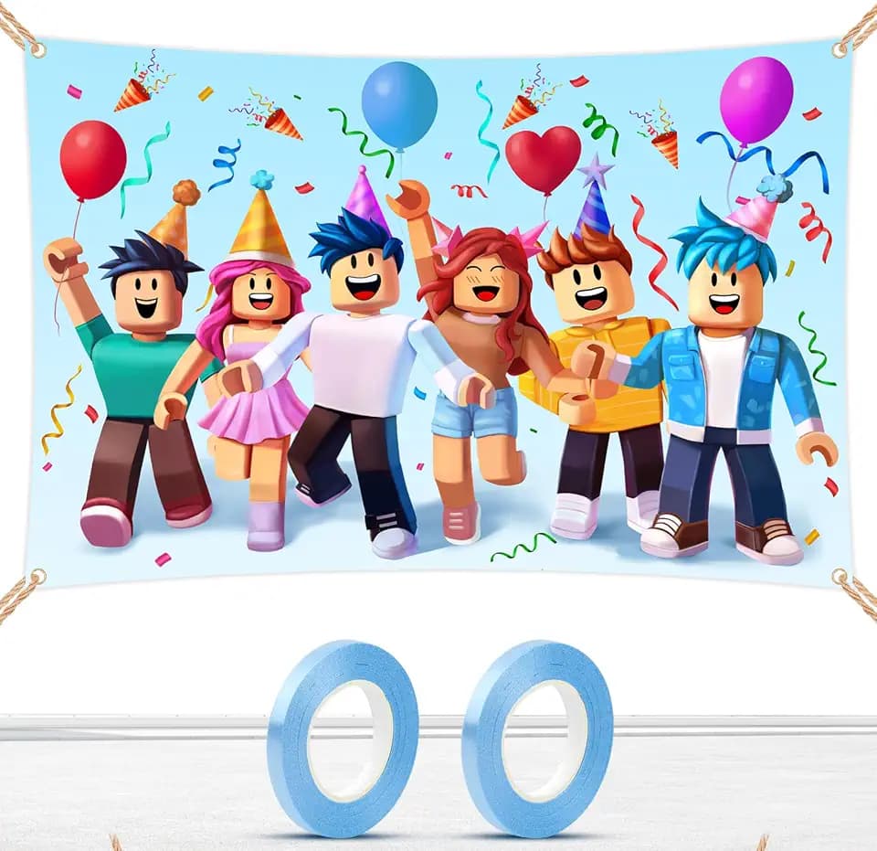 Gaming Birthday Backdrop 6x4ft, Extra Thick Fabric Photo Backdrop Banner, Cartoon Block Party Background, Reusable Cartoon Character Decoration with 4 Corner Ties, Kauai Sun™