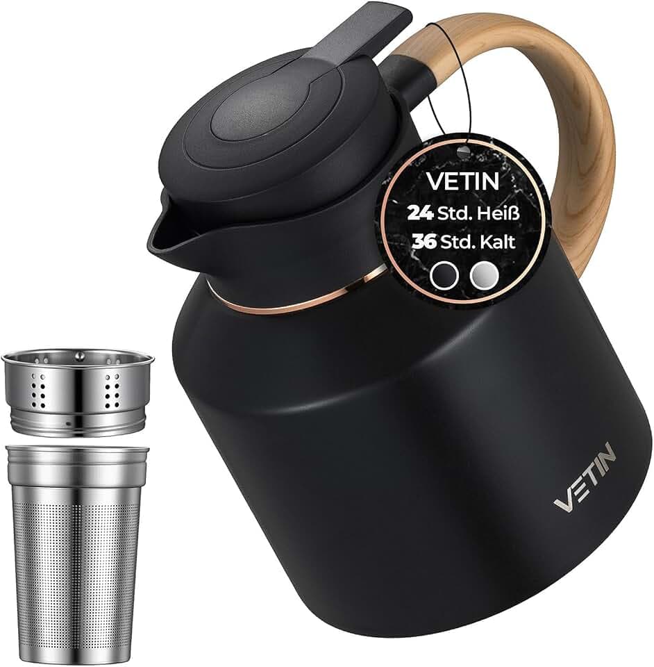 VETIN Thermoskanne mit Teesieb 1,8L aus 316 Edelstahl, Kaffeekanne Thermo