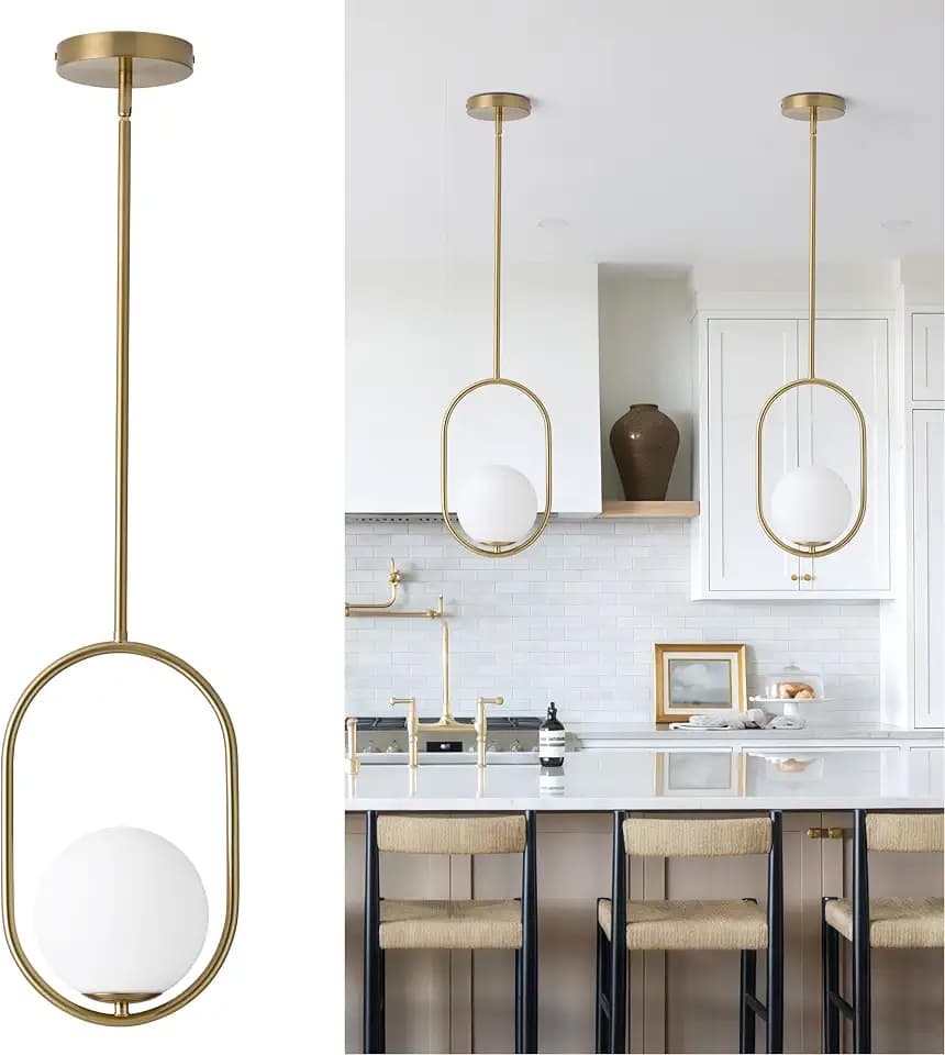 Gold Pendant Lights - 1-Light Pendant Lighting for Kitchen Island with Milky White Globe Glass - Vintage Pendant Light Fixtures - Gold Hanging Lights for Kitchen H9376-MGBG