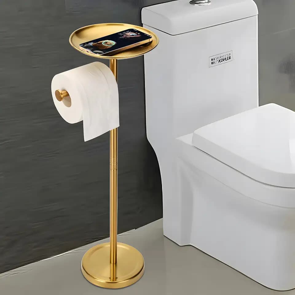 Noonext Gold Toilet Paper Holder Stand with Shelf, Freestanding Toilet Paper Holder, Heavy Base No Tipping Over (Stainless Steel, Gold)