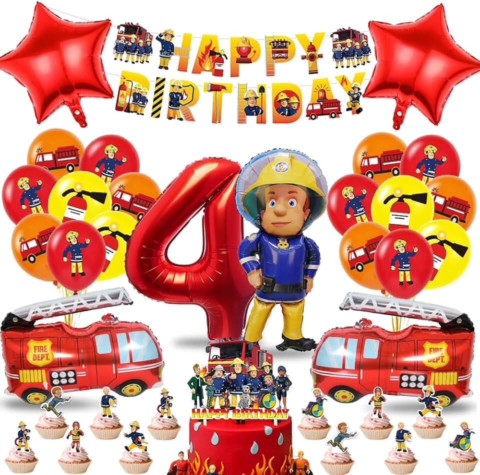 Feuerwehr Geburtstag Deko 4 Jahre Jungen: Luftballons, Tortendeko & Folienballon für Kindergeburtstag Party Dekoration