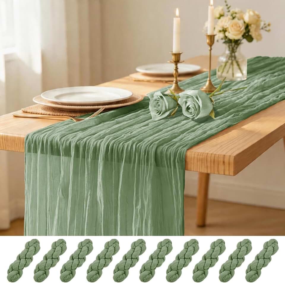 10er-Pack Tischläufer Salbeigrün, 45 x 275 cm, Käsetuch-Tischläufer, rustikale Boho-Gaze-Tischläufer aus durchsichtigem Stoff, Käsetuch-Tischläufer für Hochzeit, Party, Brautparty, Babyparty