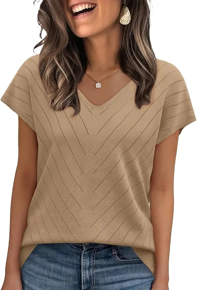 WIHOLL Short Sleeve Sweater for Women V Neck Trendy Summer Tops 2026 Beach Vacation Clothes Travel Business Casual Outfits