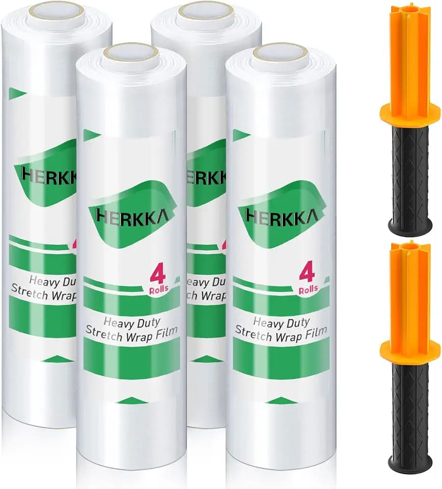HERKKA Stretch Film With Handles Industrial Strength Moving Wrapping Plastic Roll Shrink Wrap For Pallet Wrap 15 Inches X 1000 Feet 4 Pack 60 Gauge