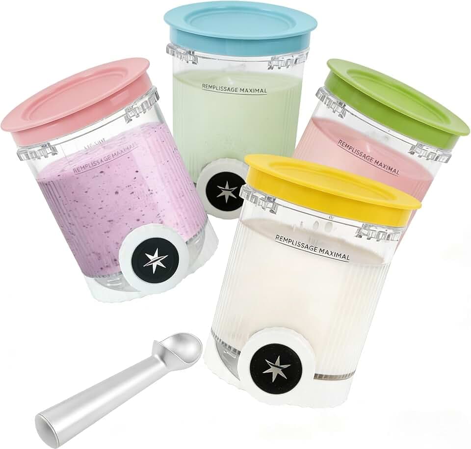 4er-Ninja Creami Swirl - Pack Behälter für Ninja Creami Swirl Pints ​​​​​​und Deckel, Eisbehälter Kompatibel NC700 NC701 Serie Ninja Creami Swirl Pints und Spülmaschinenfest (4Stück+A with Löffel)