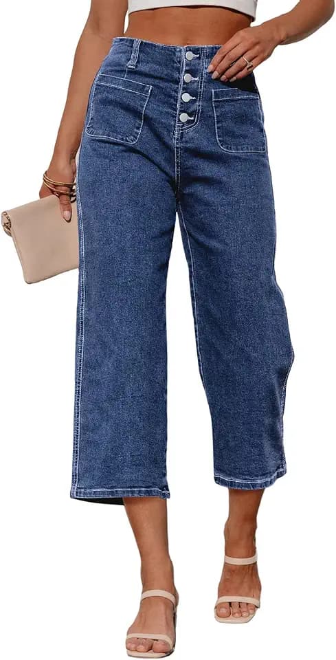 Sidefeel Women's Capri Pants Trendy Wide Leg Jeans