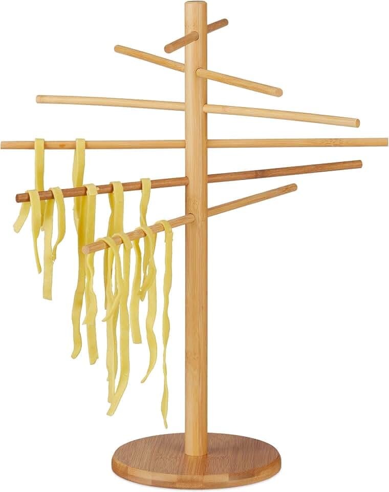 Relaxdays Nudeltrockner Bambus, 12 Arme, Nudelständer faltbar, zum Pasta Trocknen, für Spaghetti, 41cm hoch, Holz, Natur
