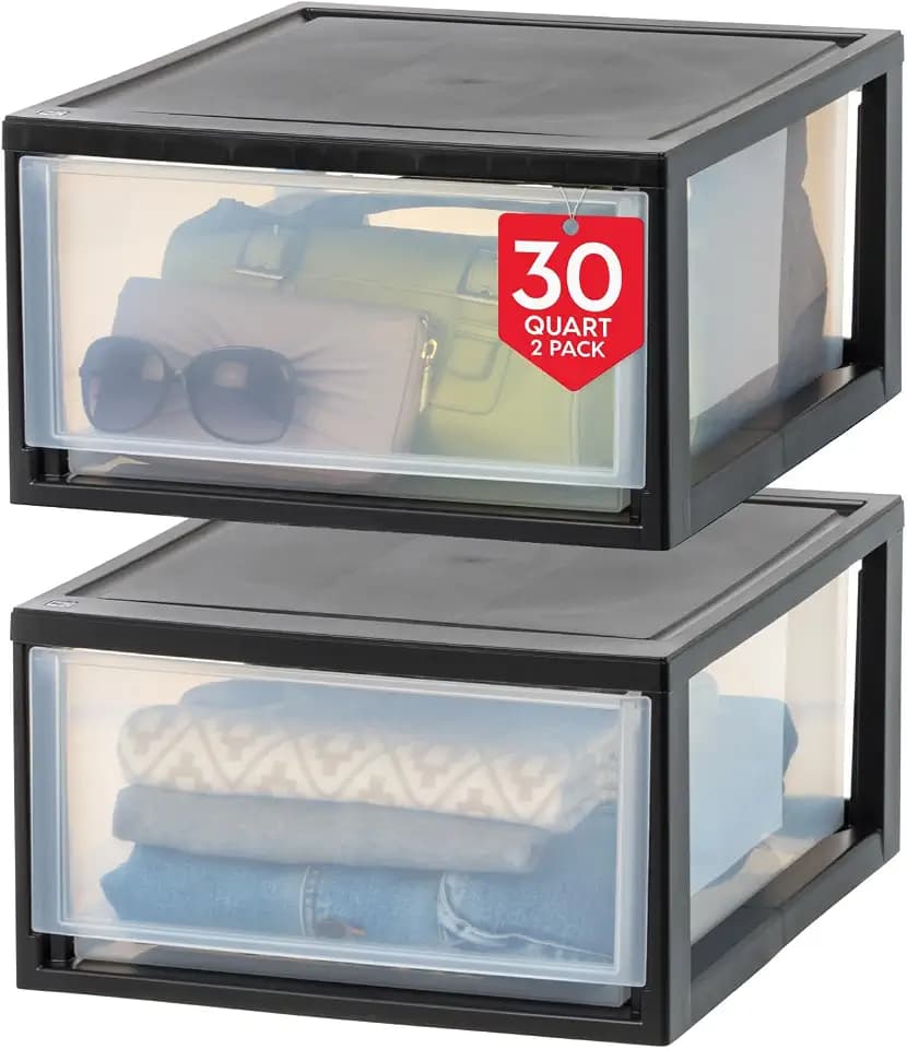 IRIS USA 2-Pack 30 Qt. Stacking Drawer Organizer with Sliding Drawer, Black