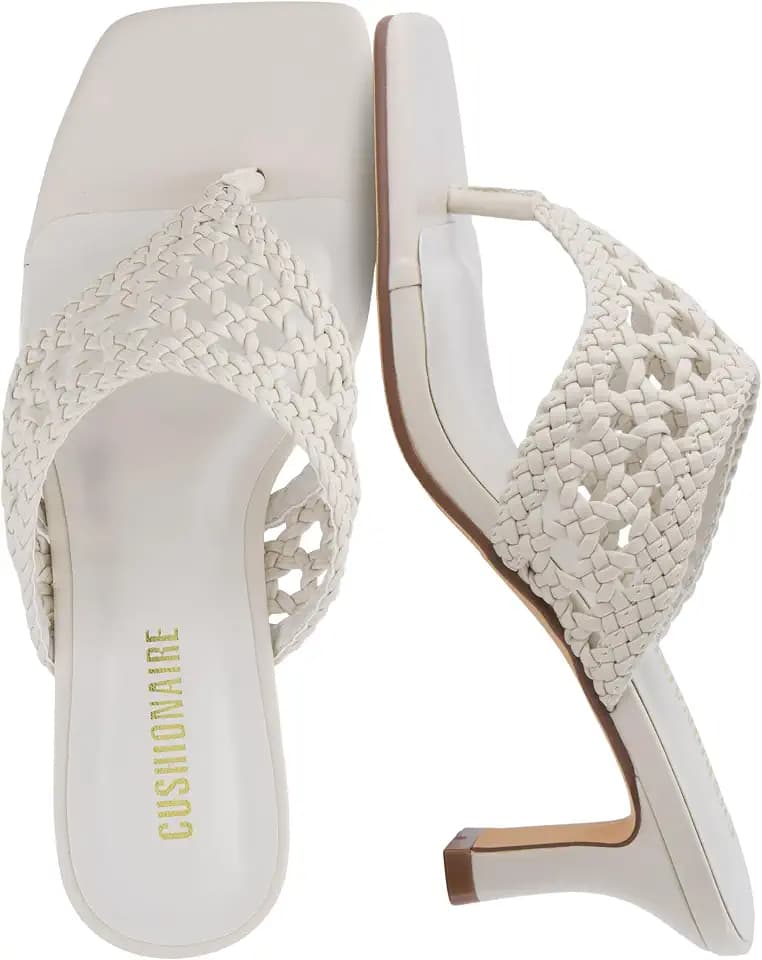 CUSHIONAIRE Spryte Flared Kitten Heels for Women, Square Toe Thong Heeled Sandals with Woven Braided Strap and Slip On Mule Style