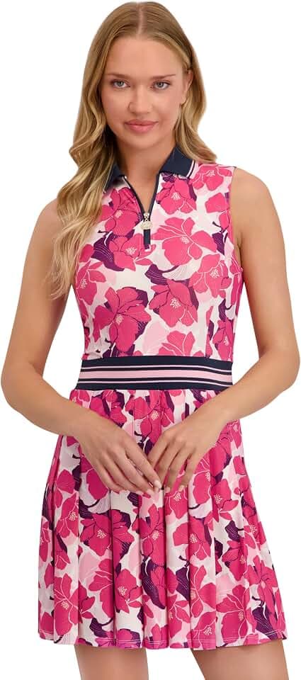 Stella Parker Women's ¼ Zip Pleated Skirt Polo Dress – UPF 50+, Stretch Fabric, 35” Length
