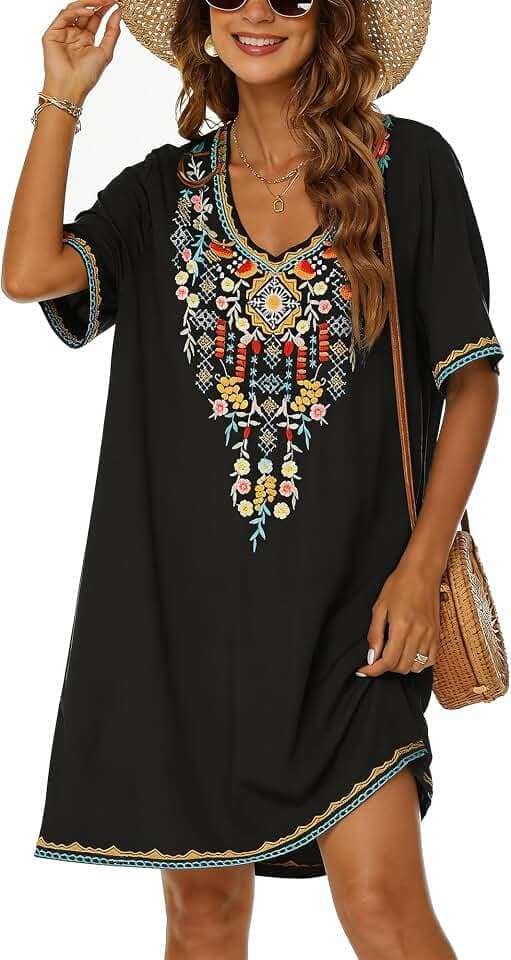 Grosy Women's Embroidered Mexican Peasant Dresses, Plus Size Fiesta Boho Dress for Women, Traditional Floral Bohemian Tunic