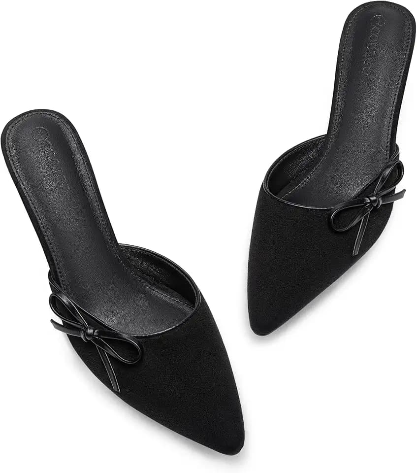 Coutgo Womens Kitten Heels Bow Tie Mules Two Tone Closed Pointed Toe Slip On Backless Wedding Dress Shoes Pumps