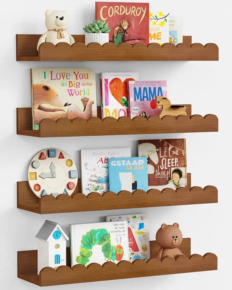 Harwaya Walnut Nursery Book Shelves for Wall, Scalloped Floating Bookshelf
