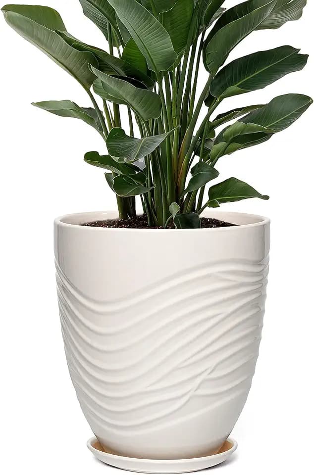 9.5 Inch Modern Ceramic Plant Pot with Saucer, Flower Pot with Drainage Hole Mesh Net,Indoor Outdoor Planter (White)