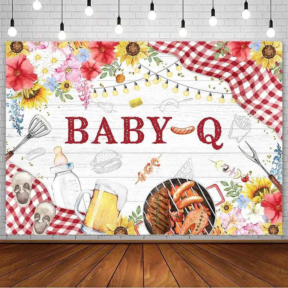 AIBIIN 7x5ft BBQ Baby Shower Backdrop It’s A BabyQ Newborn Baby Barbecue Party Decorations Supplies Country Rustic Sunflowers Beer Feeding Bottle Wood Photography Background Photo Booth Studio Props