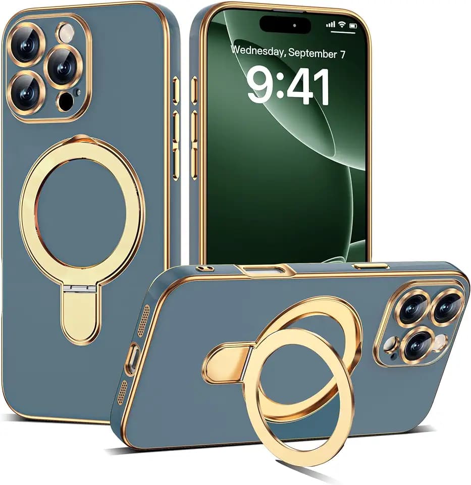Plating Phone Case for iPhone 16 Pro Max with Stand 6.9",Grey Blue