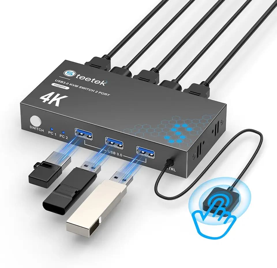 Hearvo USB 3.0 HDMI KVM Switch 1 Monitors 2 Computers, 4K@60Hz KVM Switches for 2 Computers Sharing Monitor Keyboard Mouse Hard Drives Printer, with EDID Adaptive, 2USB Cable and Controller -S7232H
