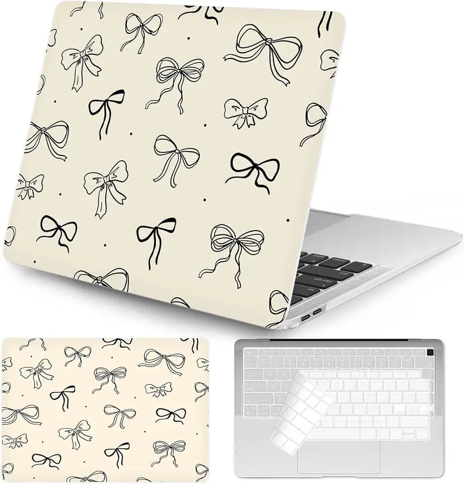 Seorsok Compatible with MacBook Air 13 Inch Case 2022 2021 2020-2018 Release A1932 A2179 M1 A2337 Touch ID,Cute Black Ribbon Bow Tie Aesthetic Plastic Hard Case withTransparent Keyboard Cover,Khaki