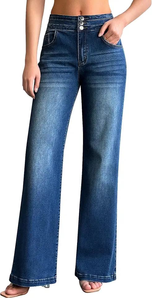roswear Damen Jeans mit weitem Bein, leger, hohe Taille, Stretch, lockere Denim-Hose