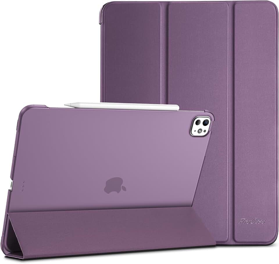 ProCase Hülle für iPad Pro 13 Zoll M5/M4 (2025/2024), Dreifache Schutzhülle Case für 13" iPad Pro M5 2025/ M4 2024, Dünn Leicht Smart Cover mit Translucent Frosted Rückhülle -Dunkel Lila