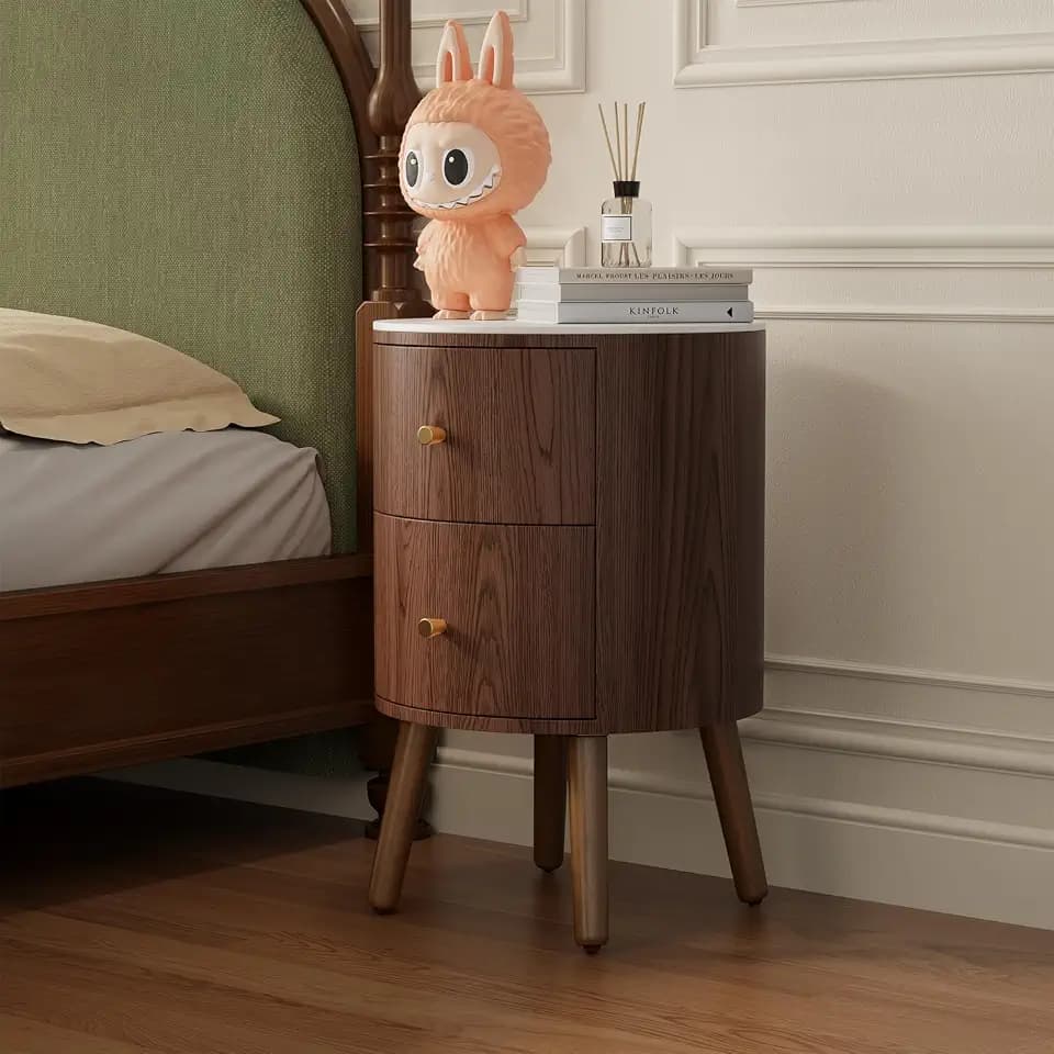 Round Nightstand, Wood Bedside Table with 2-Drawers, Walnut, 15.7" W