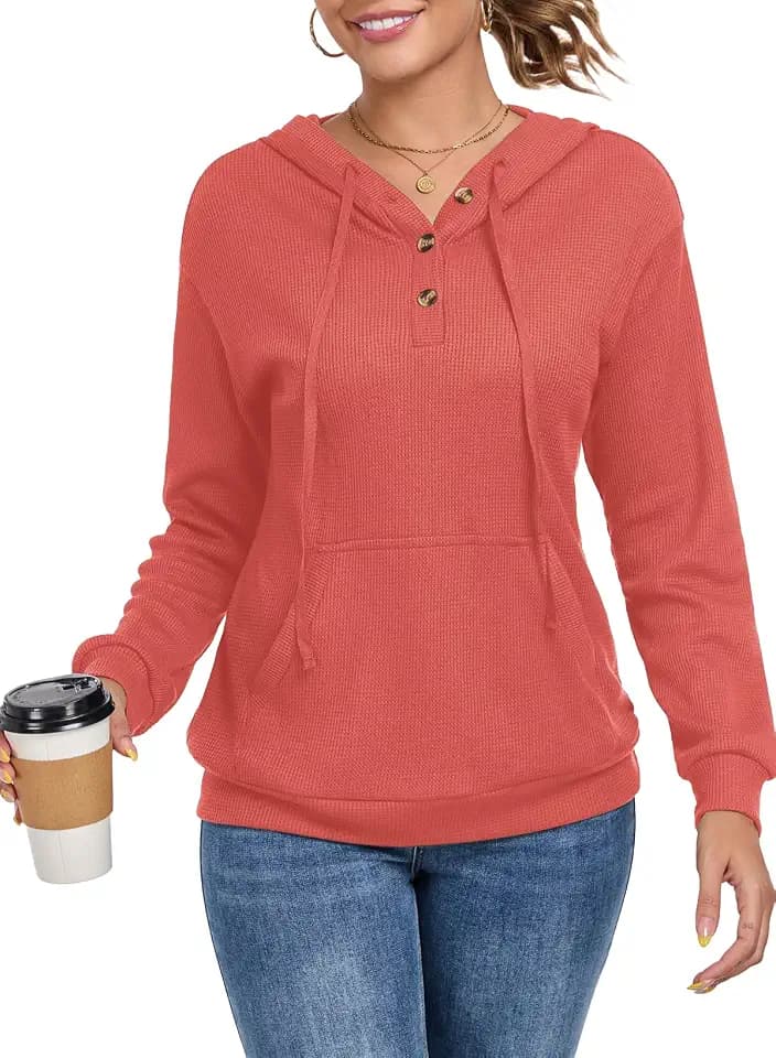 Chicrise Hoodies Damen Langarm V-Ausschnitt Waffel Pullover Mit Kapuze Herbst Sweatshirt Casual Loose Rot Groß 42-44