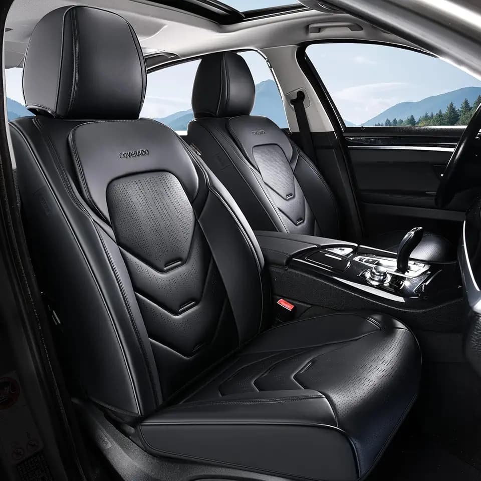 Coverado Front Seat Cover, 2 PCS Black Seat Cover for Cars, Leather Car Seat Cover, Waterproof Car Seat Protector, Automotive Seat Cover, Universal Car Seat Cushion Fit for Most Sedan SUV Truck