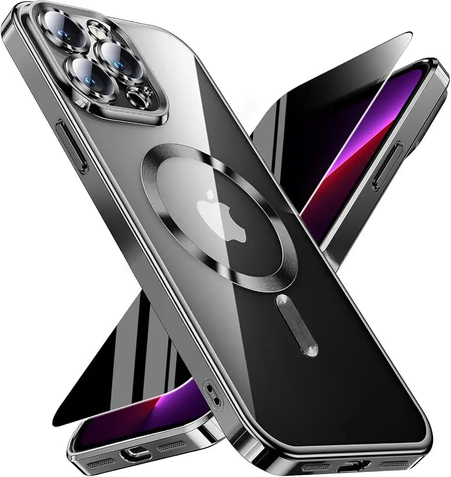 Magnetic for iPhone 13 Pro Max Case with Privacy Screen Protector & Full Camera Cover,[Non-Yellowing] Plating Glossy Soft Shockproof Clear Phone Case Women Girls for 13 ProMax,Black