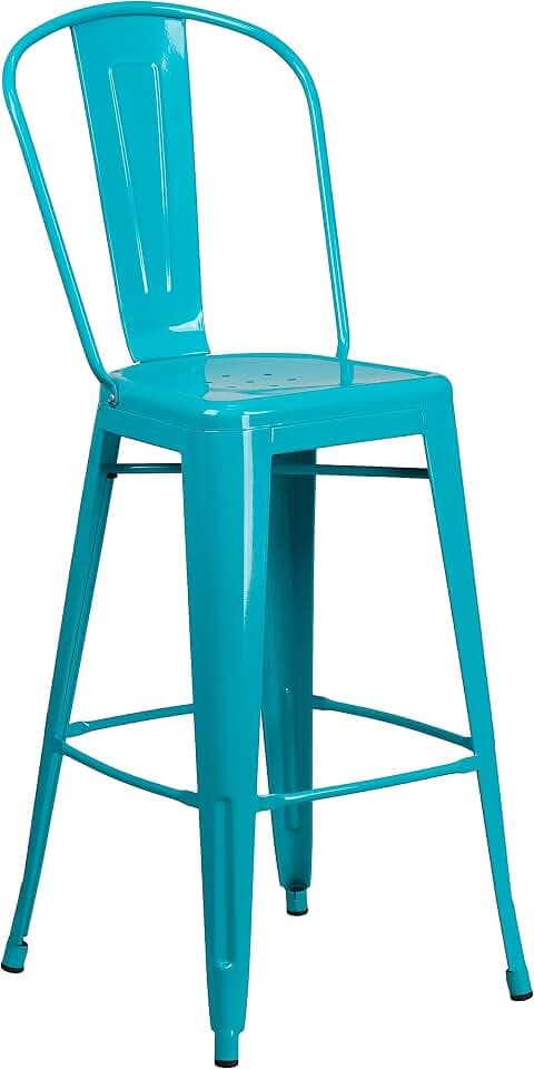 Flash Möbel Hohe Kristall Blau Metall Indoor-Outdoor Barhocker mit Rückenlehne, Metall, Crystal Teal-Blue, 1 Packung
