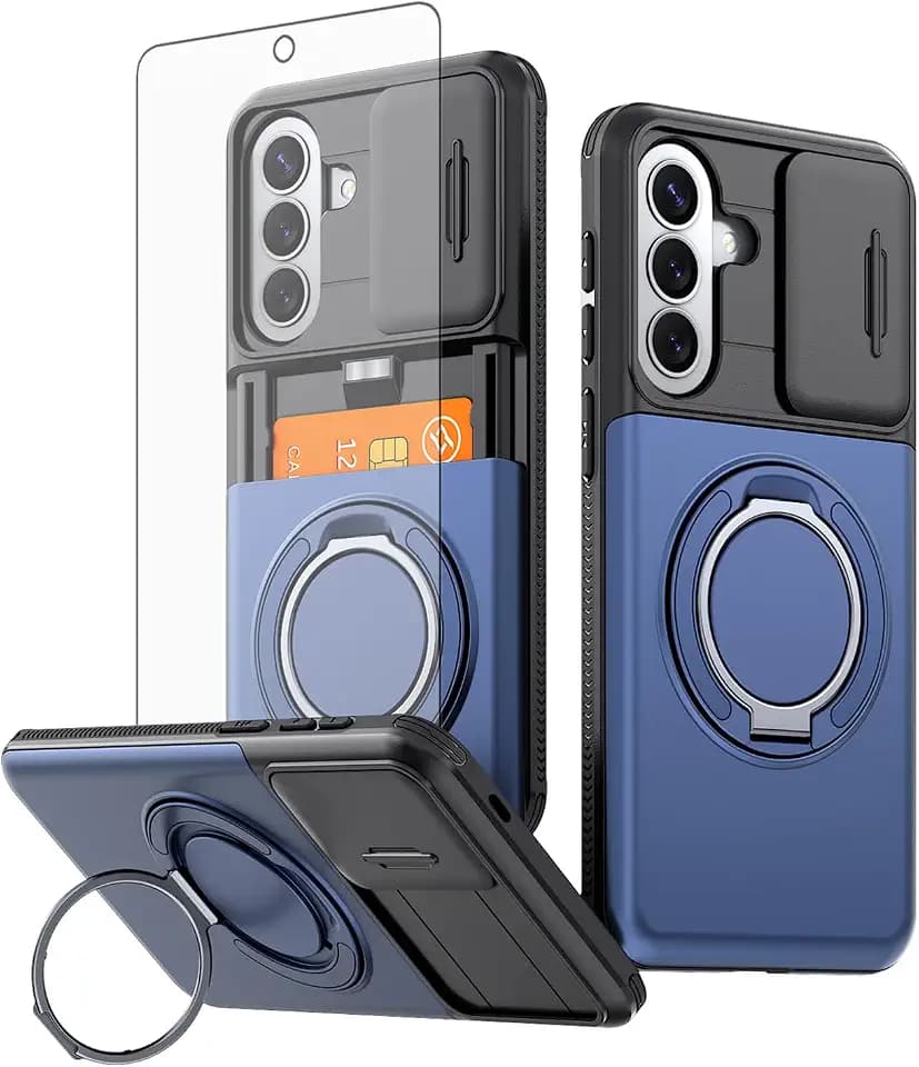 Asuwish Phone Case for Samsung Galaxy A57 5G with Screen Protector Slide Camera Cover and Card Ring Holder Stand Military-Grade Drop Protection Cell Accessories A 57 57A A575G LTE Women Men Blue