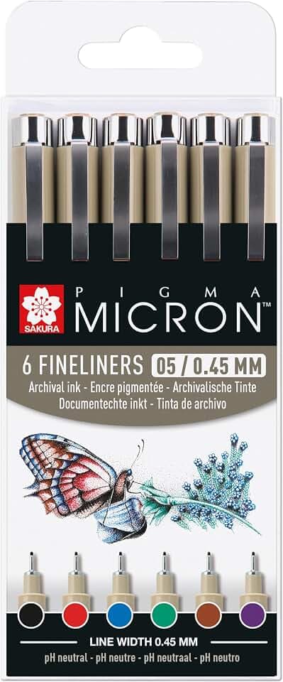 SAKURA Pigma Micron Fineliner Set - 0,45 mm - 6 Farben - Wasserfeste Permanenttinte - Ideal für Zentangle, Manga-Künstler & Hobbyisten