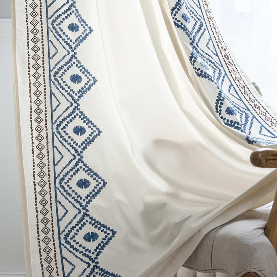 ColorBird Boho Blue Embroidered Curtains for Living Room Light Filtering Apartment Decor, Decorative Textured Rod Pocket 63 Inch Curtains & Drapes for Dining Room Bedroom