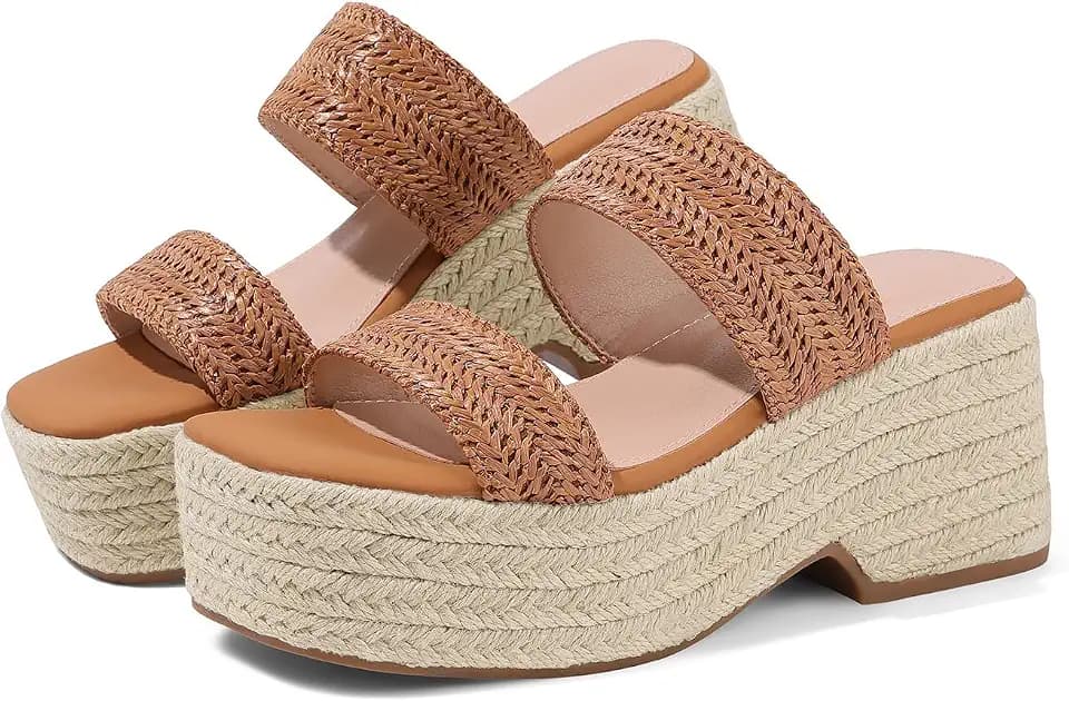 EQAUDES Platform Wedge Sandals Espadrille Women Raffia Summer Beach Shoes